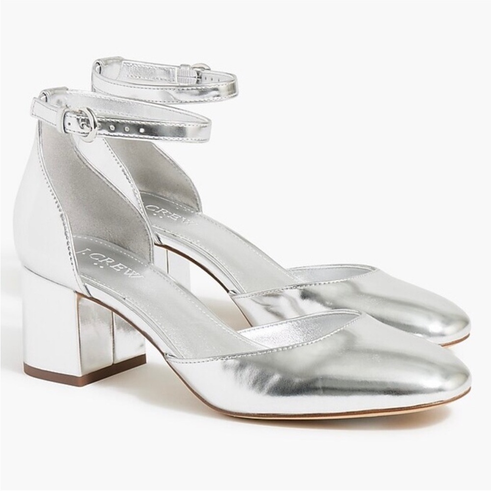 NWOT J. Crew Metallic Silver Ankle Strap Heels